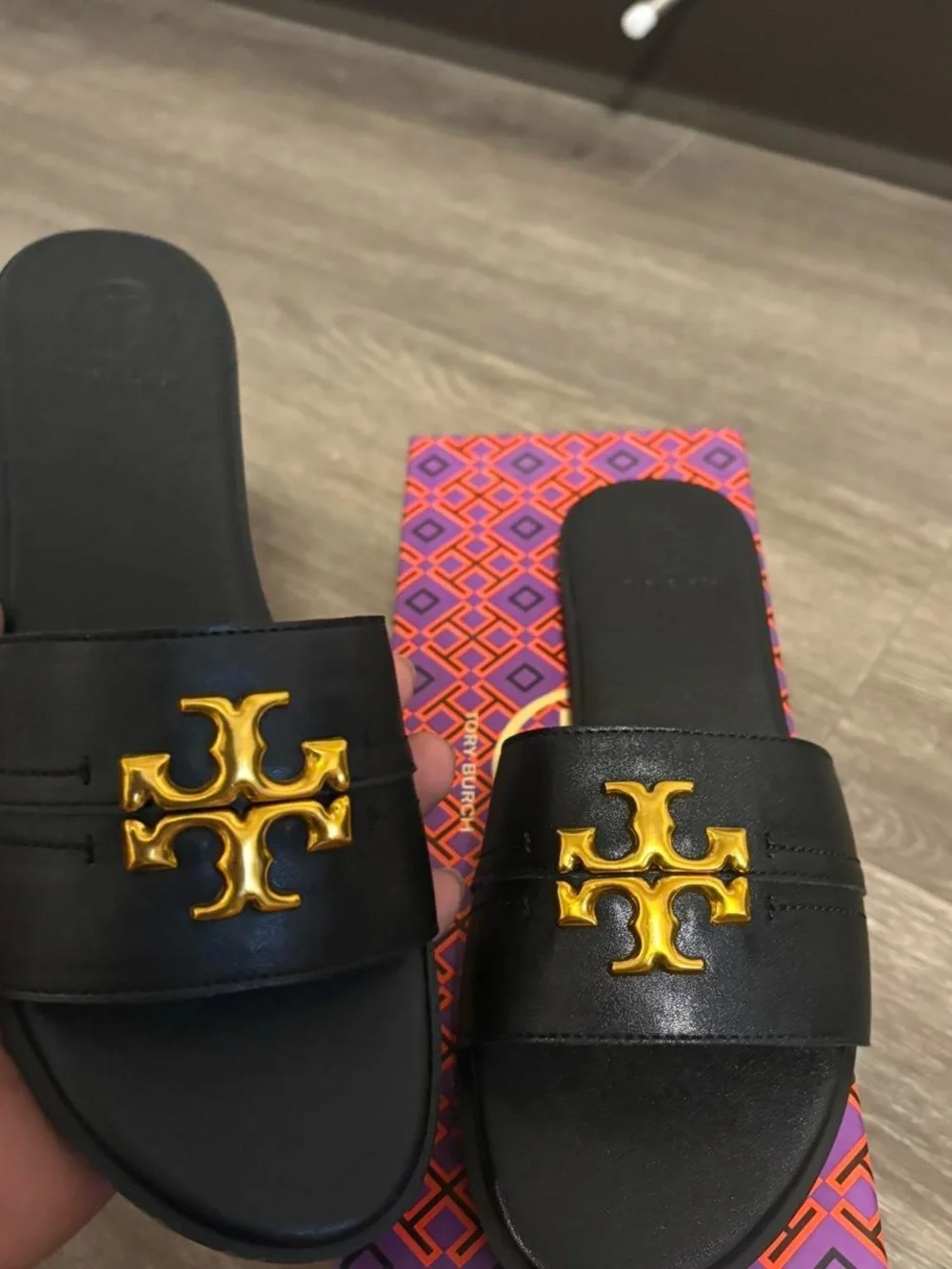 Tory Burch Black Leather Slide Sandals with Gold